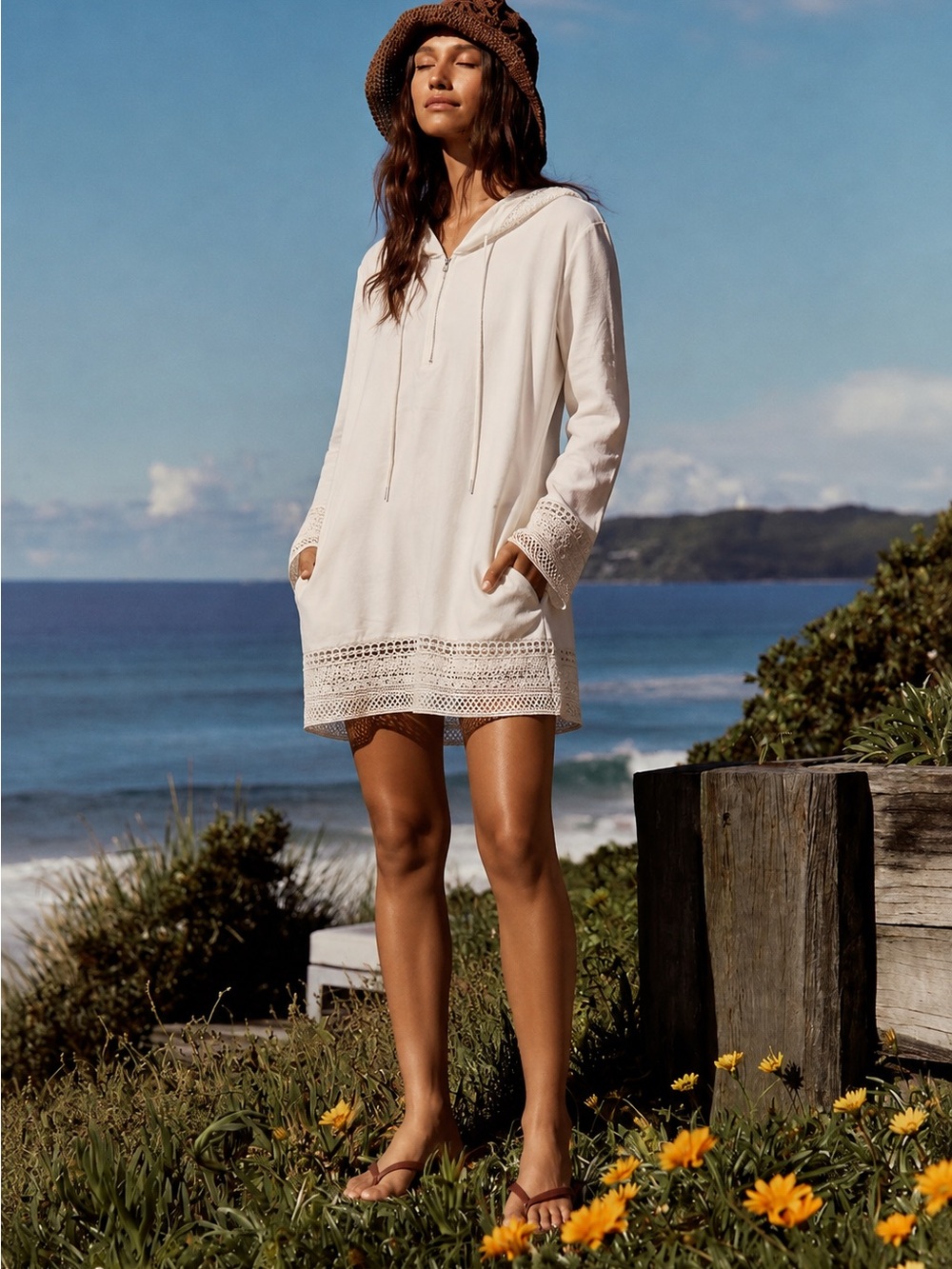 146. Women's Cream Hooded Swim Cover-Up Tunic